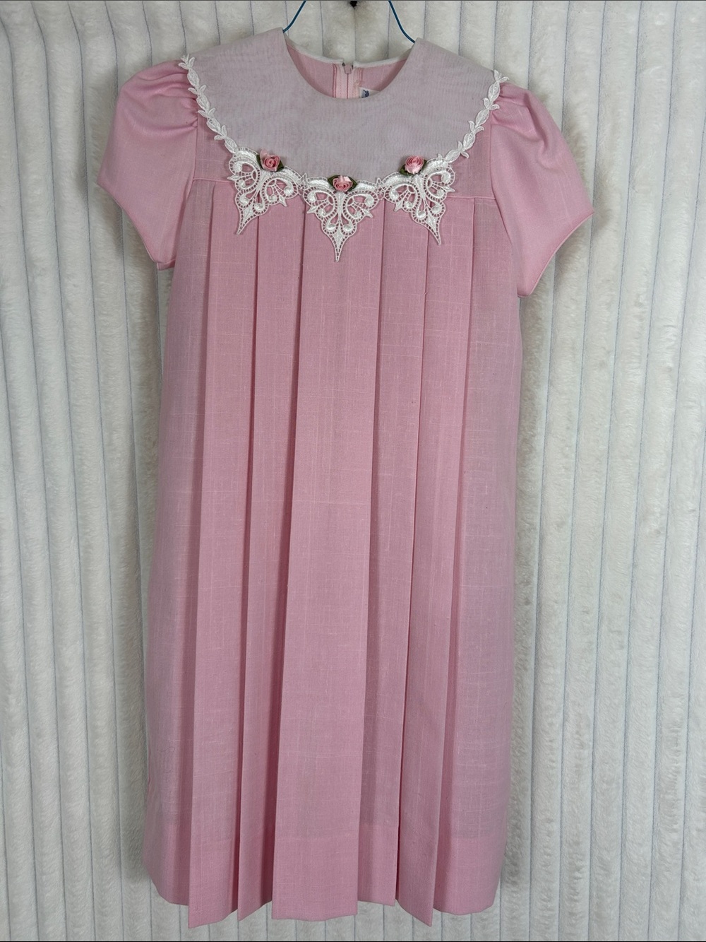 Vintage Jayne Copeland Pink shortsleeve pleated Dress White Lace Detail girls 10